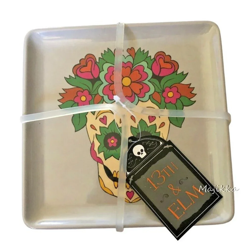 13th &Elm Day Of The Dead Skull Halloween Melamine Plates App Girl Boy Set Of 4